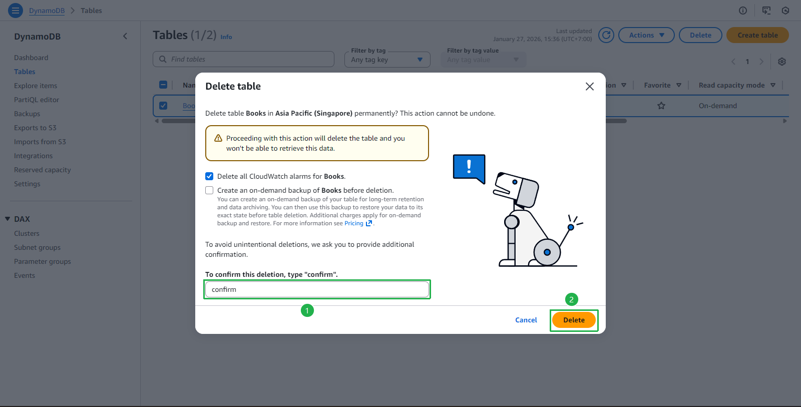 Delete table confirmation
