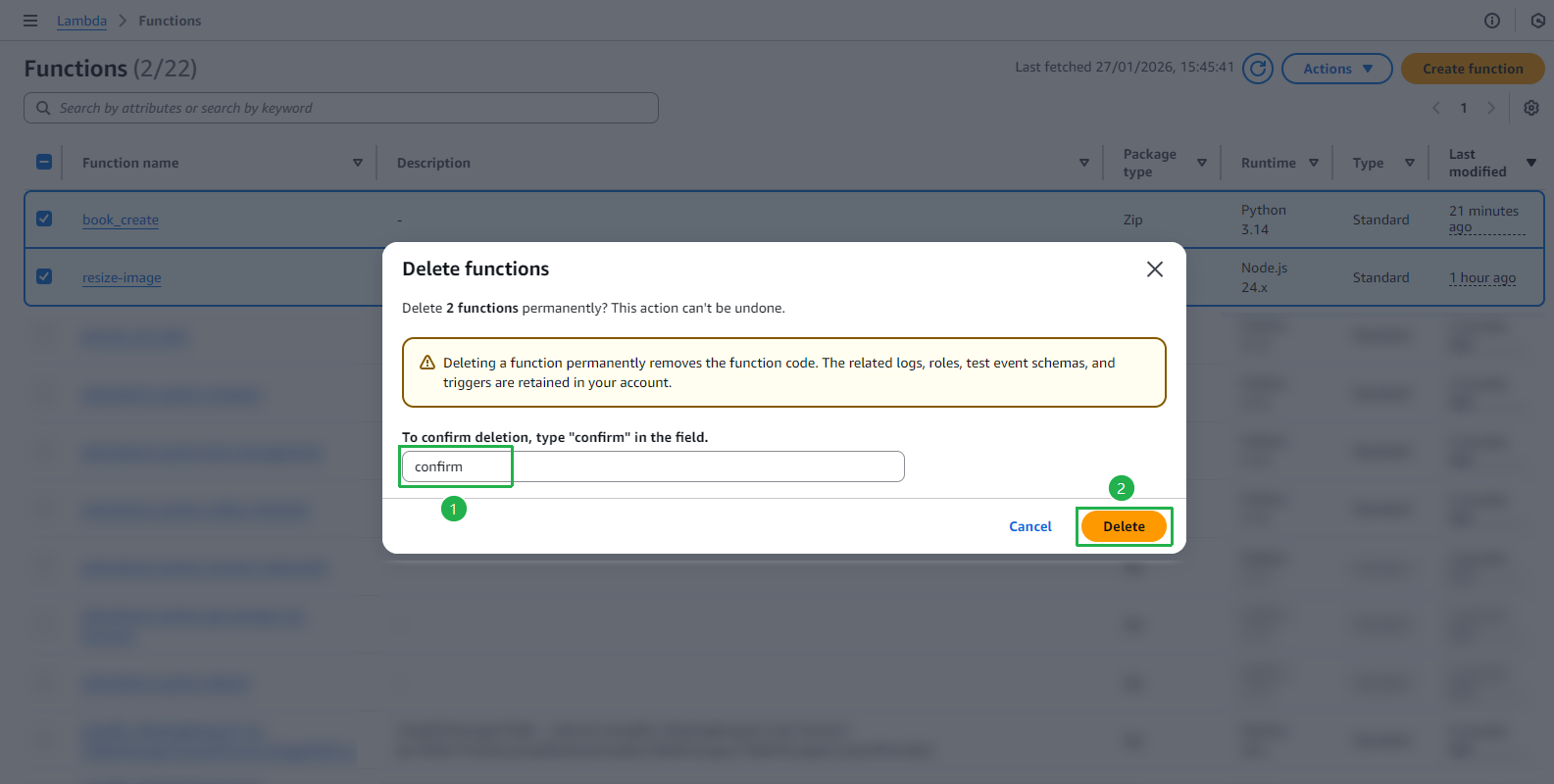 Delete functions confirmation
