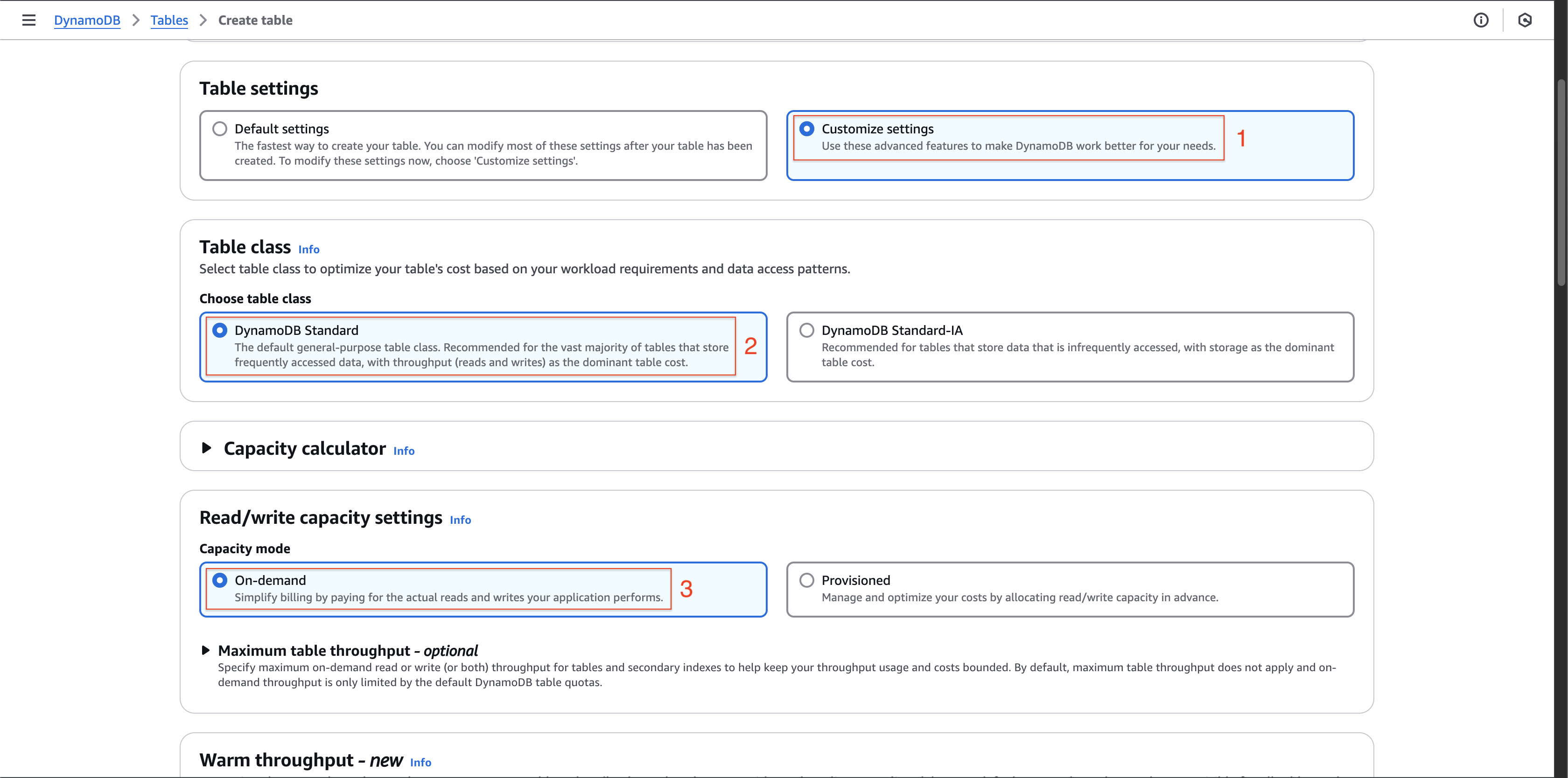 DynamoDB Table Settings